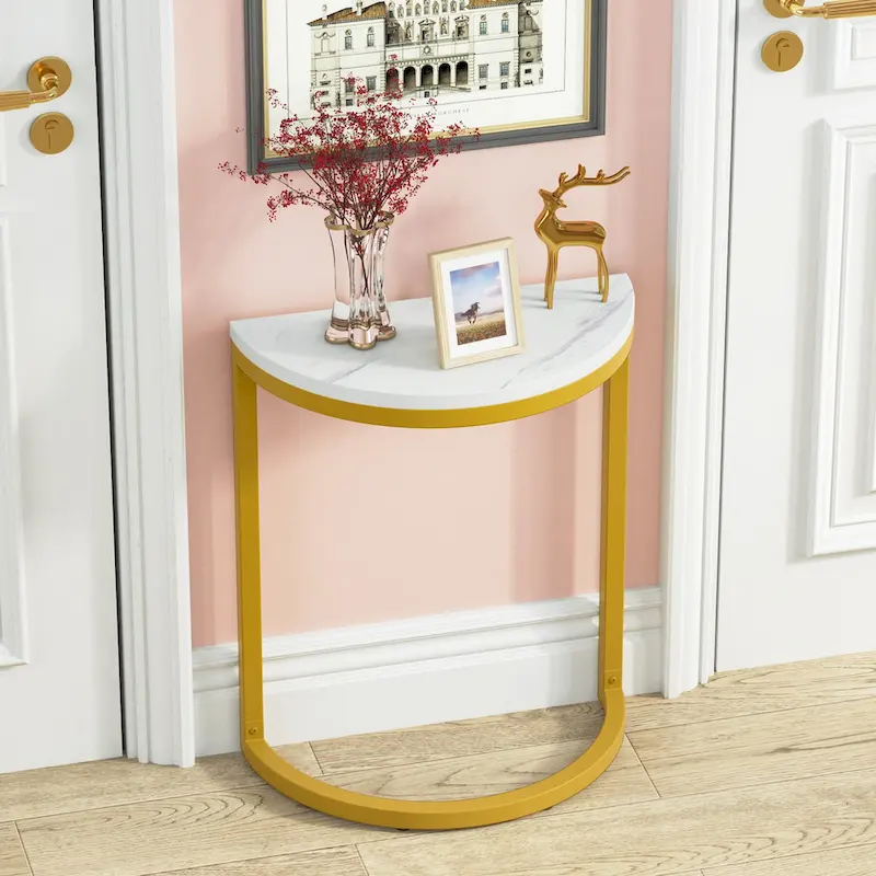 Half Round End Table, Narrow Side Table Slim C Table with Metal Frame