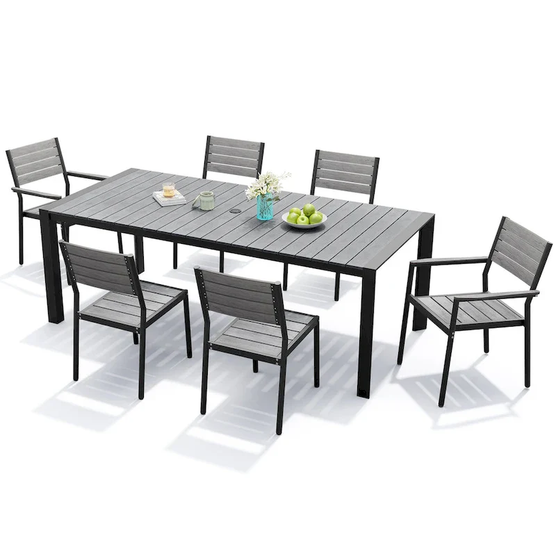 7-Piece Patio Dining Set Aluminum Dining Table with Umbrella Hole and Stackable Chairs