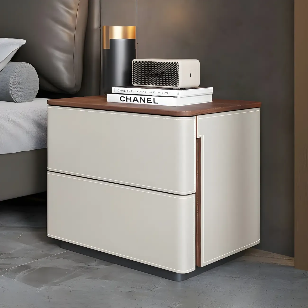 Modern Faux Leather Wood Top Drawers Nightstand