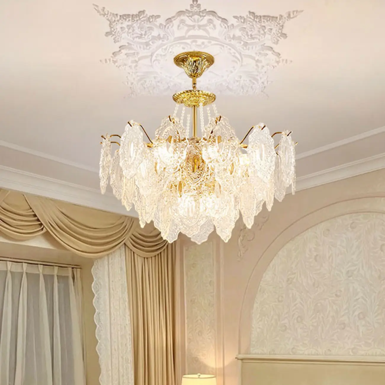 Luxurious Gold Crystal Leaf Round Pendant Chandelier