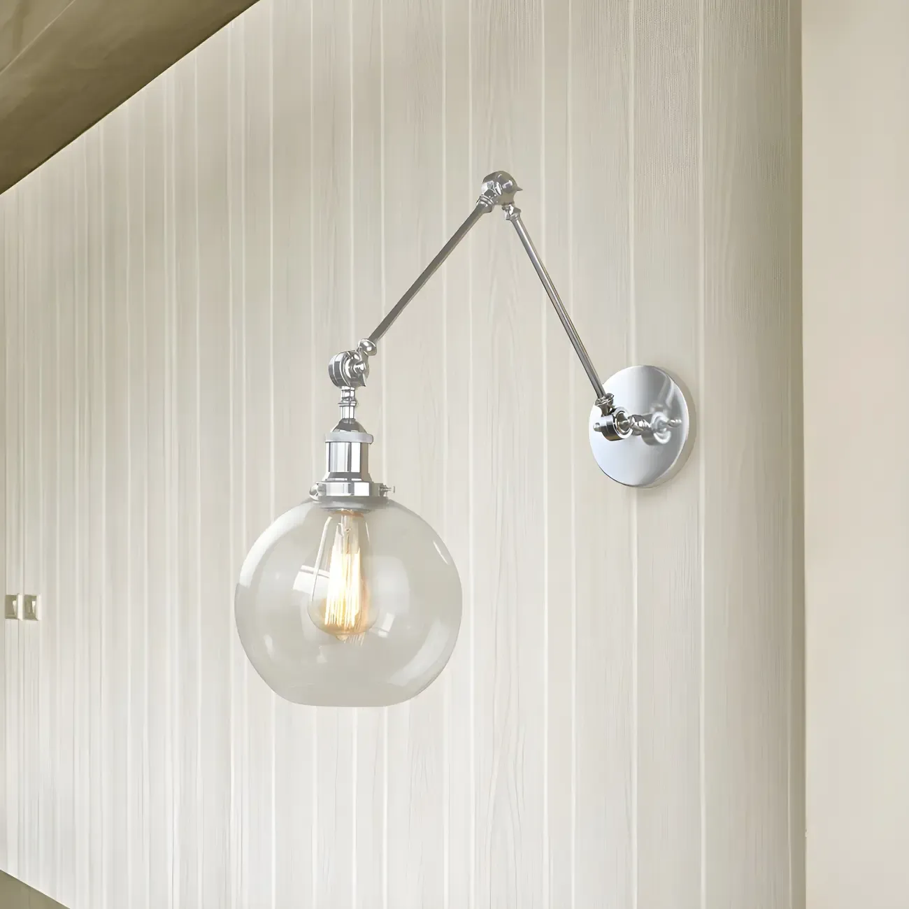 Industrial Silver Swing Arm Wall Light with Globe Clear Shade