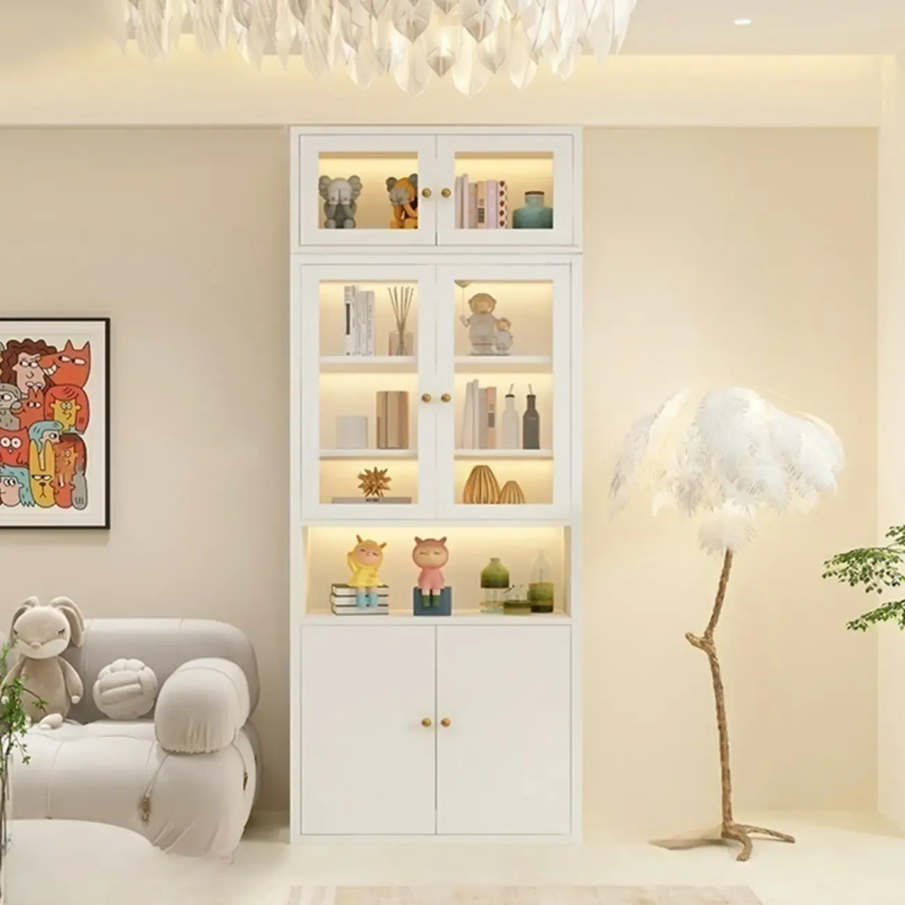 Modern White Wooden Adjustable Shelf Storage Display Cabinet