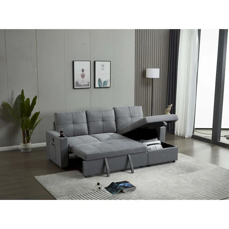 Linen Sectional Sofa Reversible Chaise with Pull out Sleeper