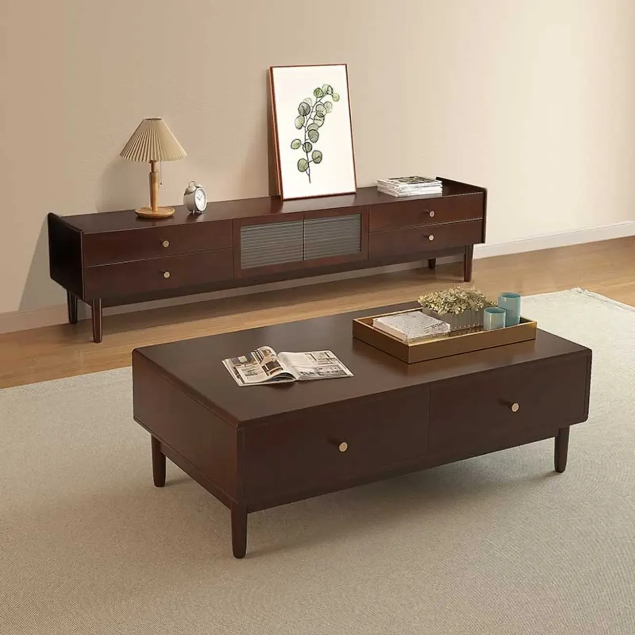 71 Rectangle Cherry Wood TV Stand with Cabinet & Drawers