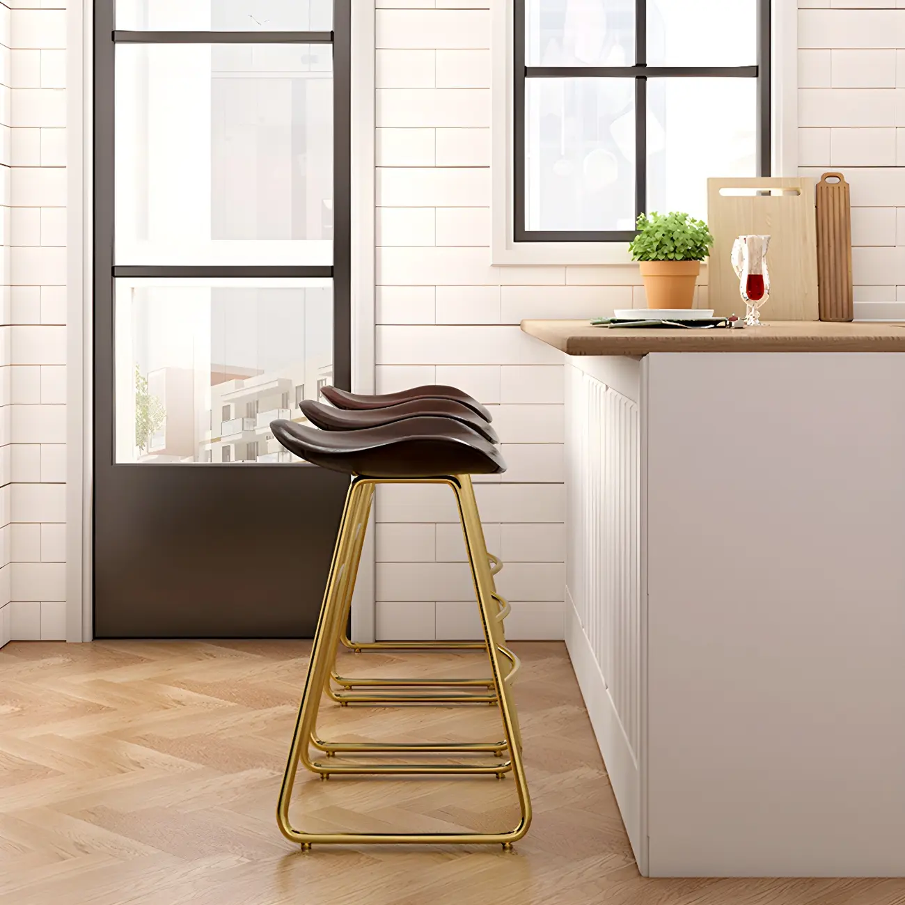 Classic Brown Saddle Leather Counter Height Bar Stools