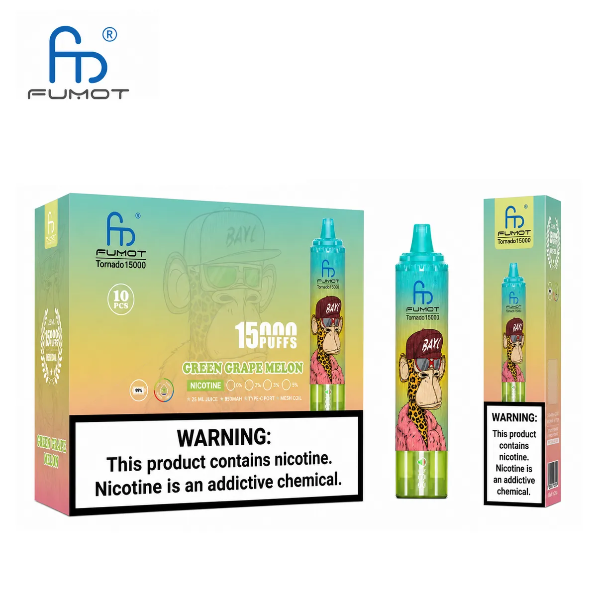Fumot Tornado 15000 Green Grape Melon – 10er-Displaybox mit Einweg-Vape und Einzelpackung