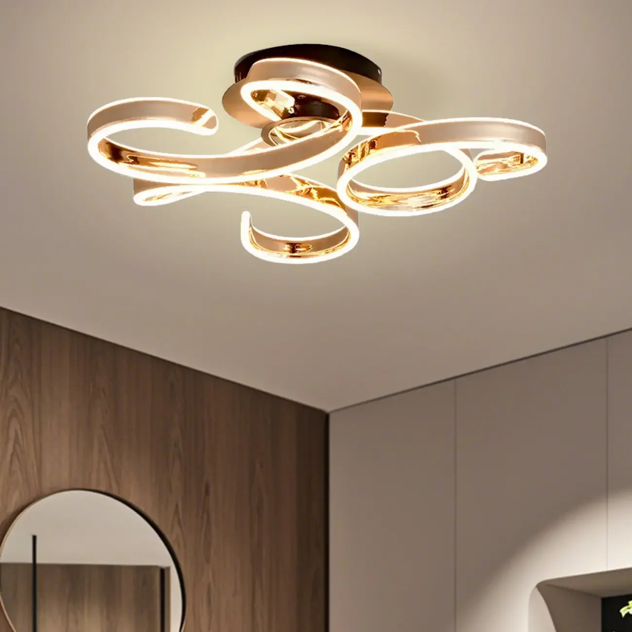 Gold Ribbon LED Semi Flush Ceiling Light 3-Gear Dimming