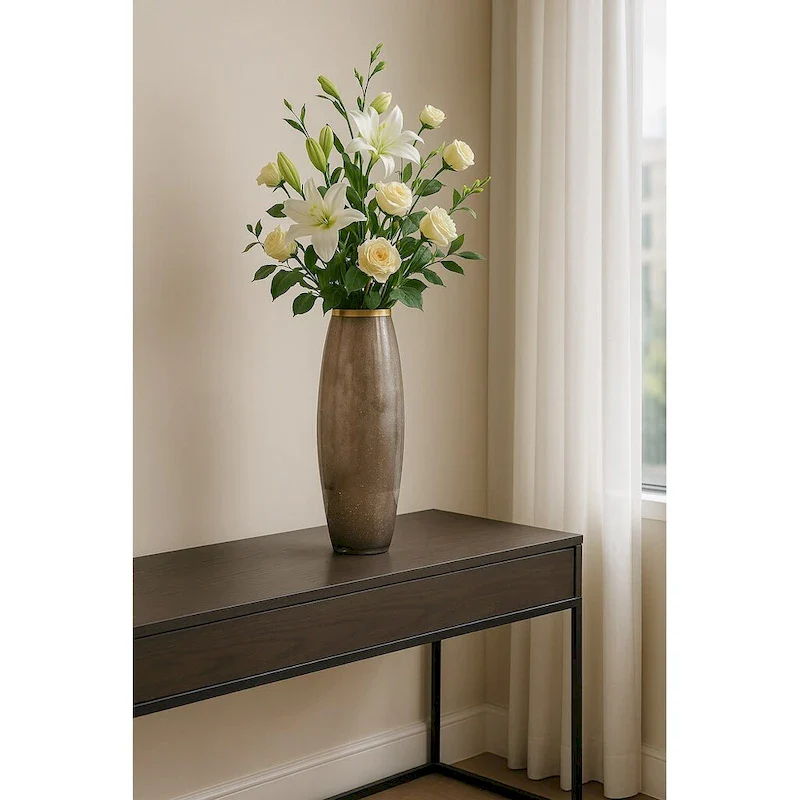 Sagebrook Home Glass Vase with Aluminum Rim and Sleek Glam Design