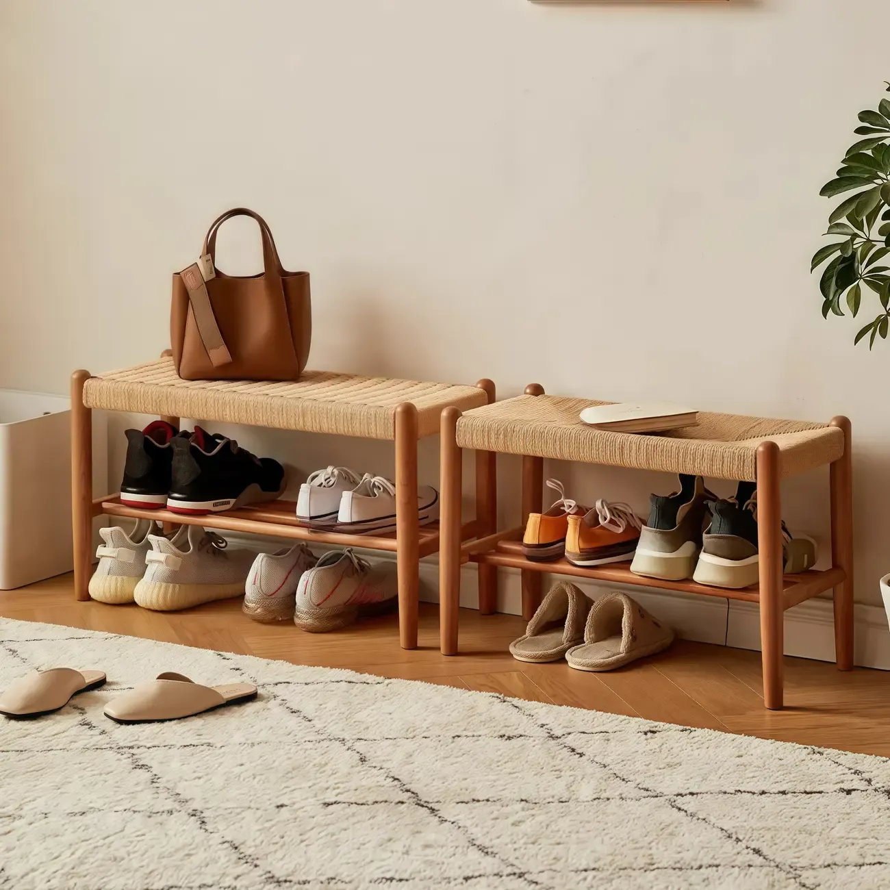 Short Tropical Rattan Entryway Bench with Shelf