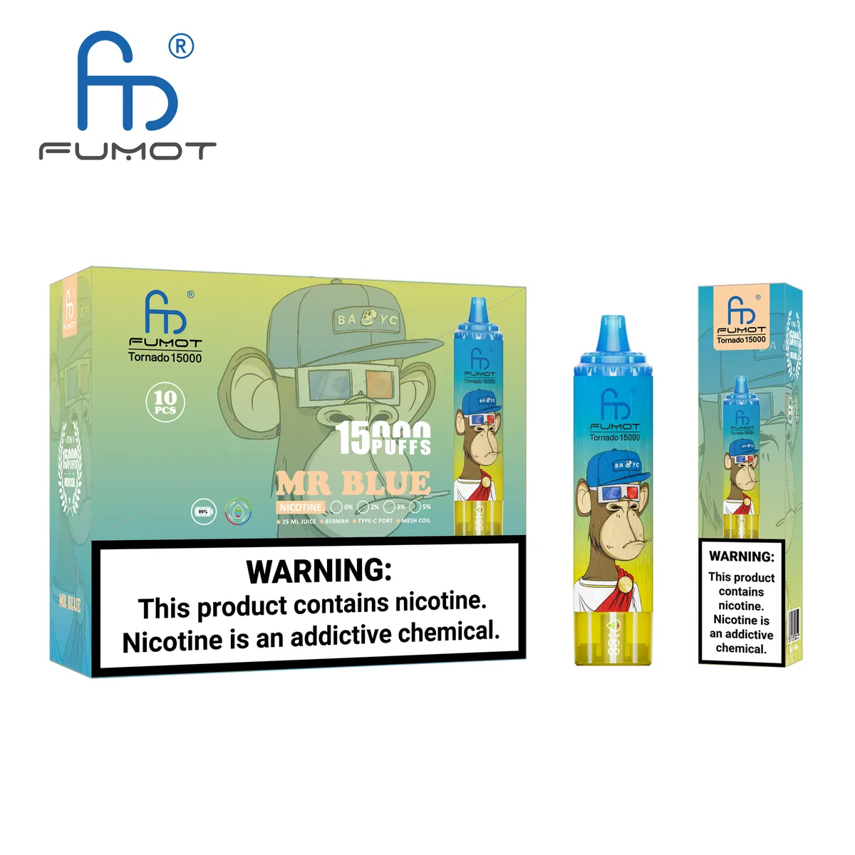 Fumot Tornado 15000 Mr Blue – 10er-Displaybox mit Einweg-Vape und Einzelpackung