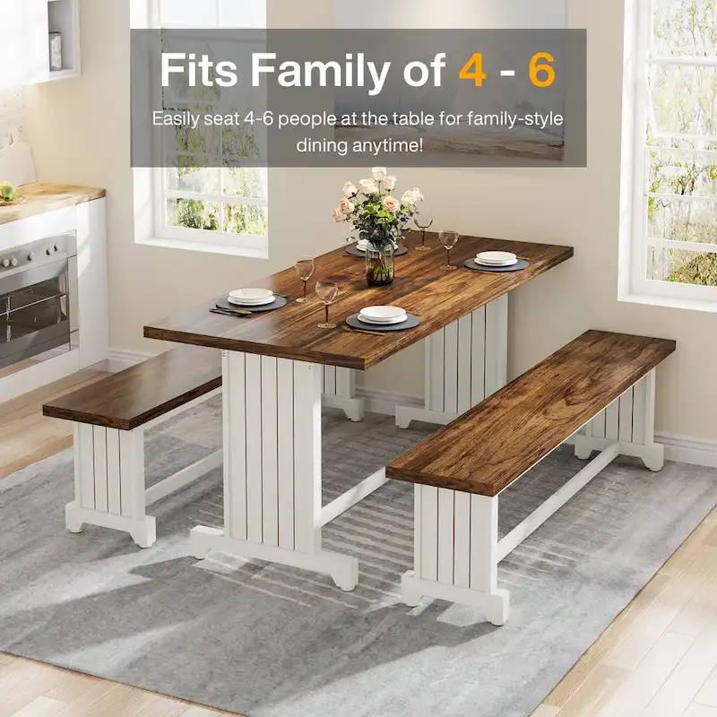 47 Inches Farmhouse Wood 3-piece Small Dining Table with 2 Benches - N/A