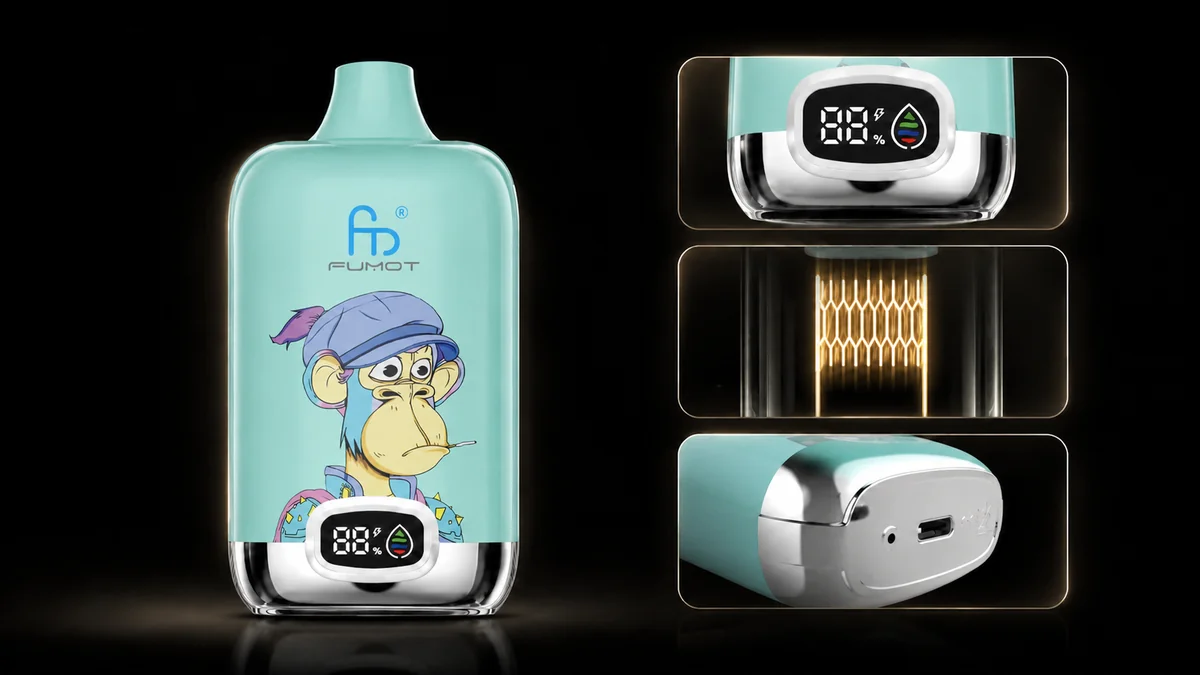 Fumot Digital Box 12000 Tobacco Vape Funktionsdetails mit Display, Mesh Coil und Ladeanschluss