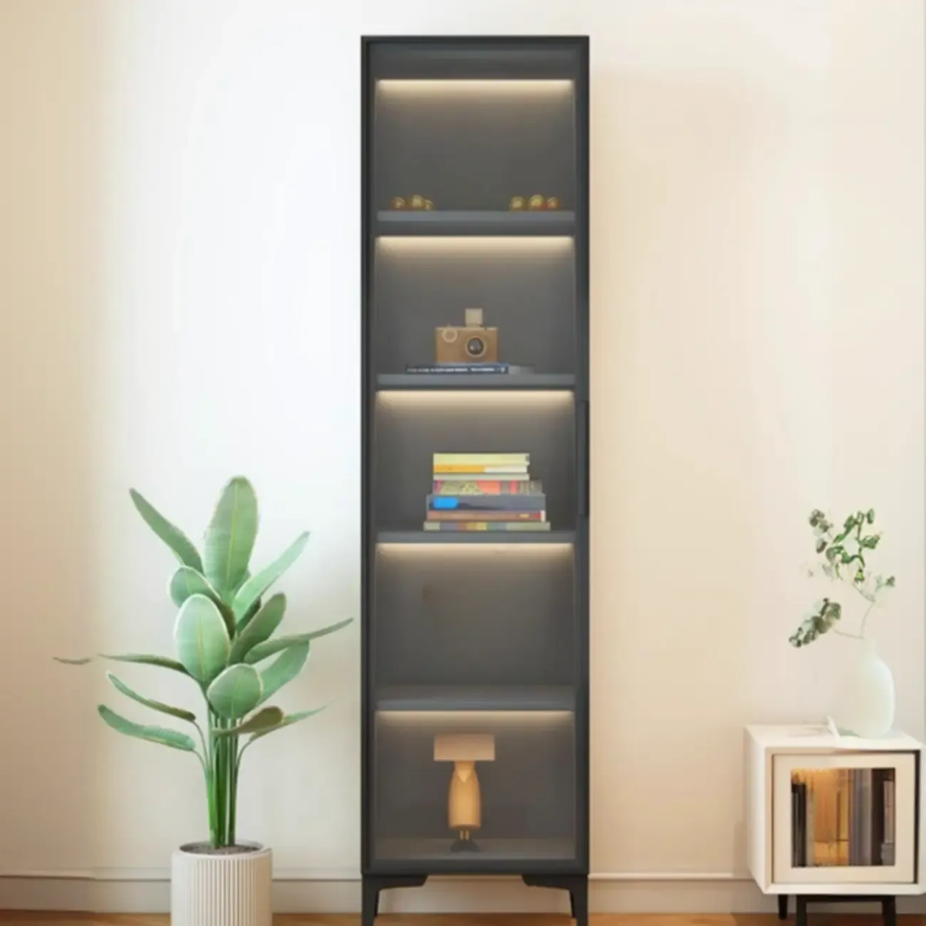 Modern Black Wood Clear Glass Lighting Display Cabinet