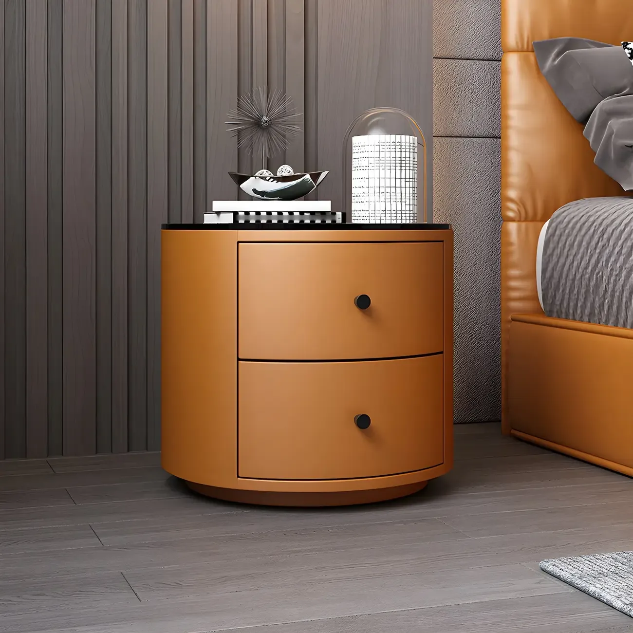 Modern Faux Leather Round Bedside Table with Two Drawers in Grey