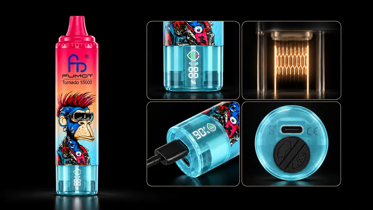 FUMOT Tornado 15000 Cherry Ice – Detailansichten von Display, Heizsystem, USB-C-Anschluss und Luftregulierung