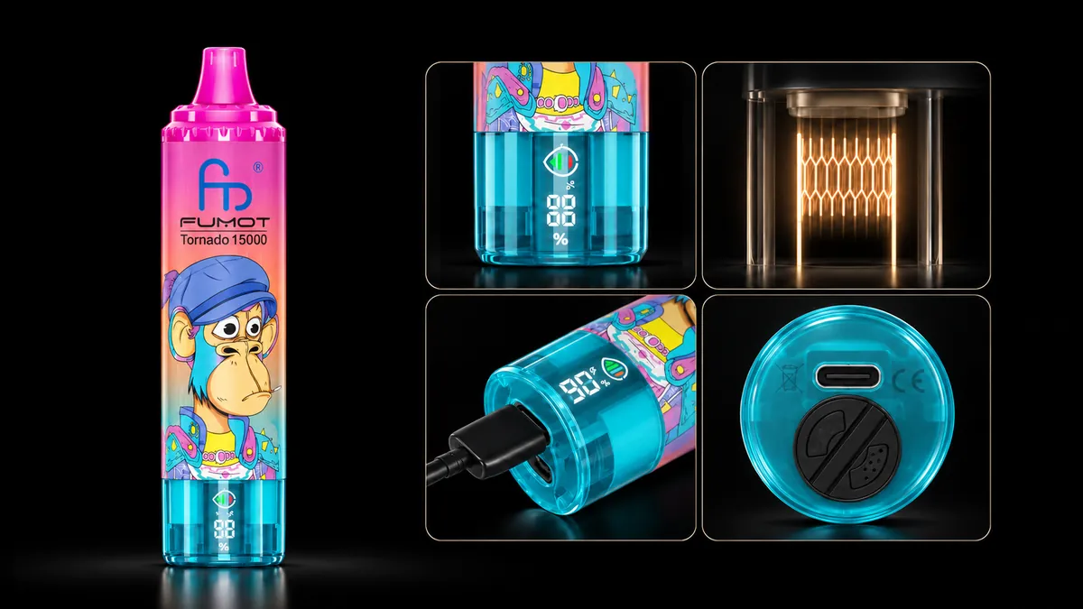FUMOT Tornado 15000 Pink Lemonade – Detailansichten von Display, Heizsystem, USB-C-Anschluss und Luftregulierung