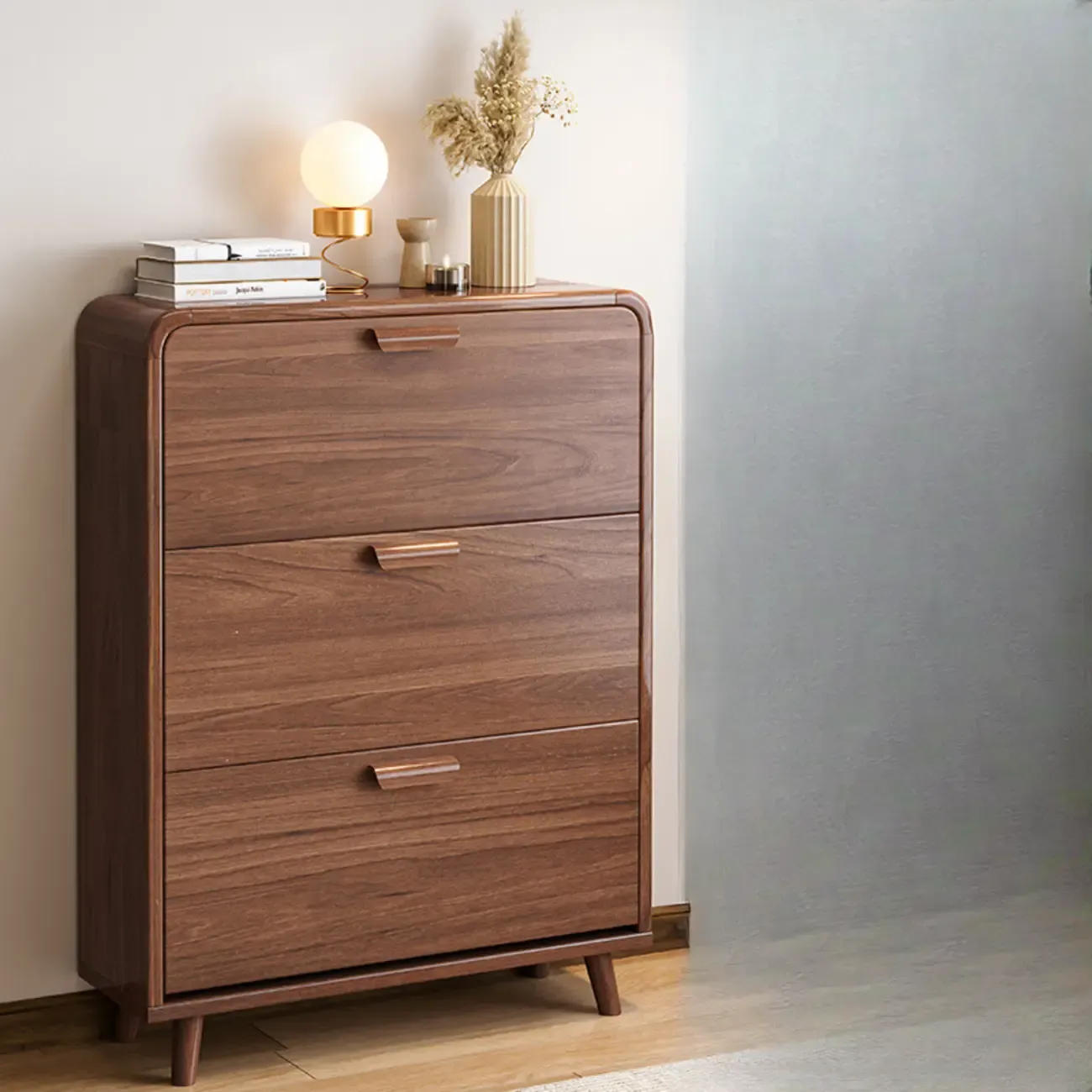 Traditional Hidden Adjustable 3 Tiers Solid Wood Shoe Cabinet