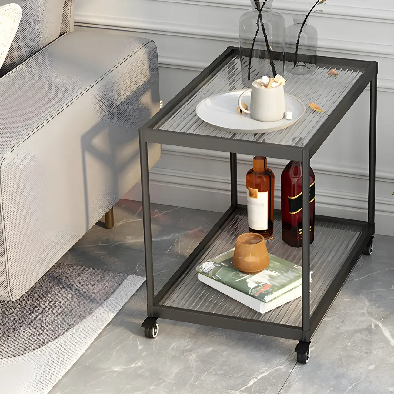 Gold Glass Rectangular Top Shelf Side Table on Wheels