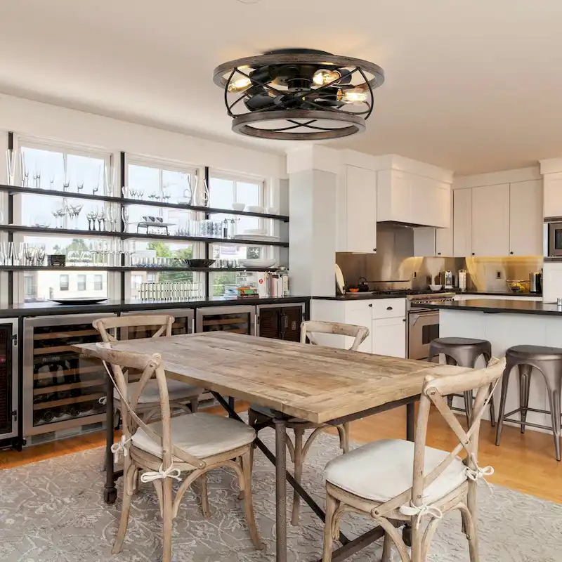 CurveCurio 18  Drum Farmhouse Wood Ceiling Fan, Wood Fan Light with Metal Accents, 4 Light 3 Fan Speed w Remote Control