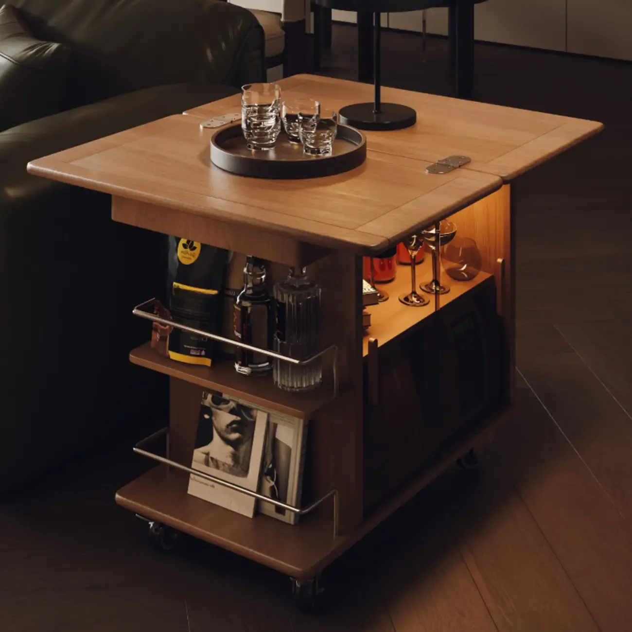 Elegant White Multi-function Wooden Wheel Side Table