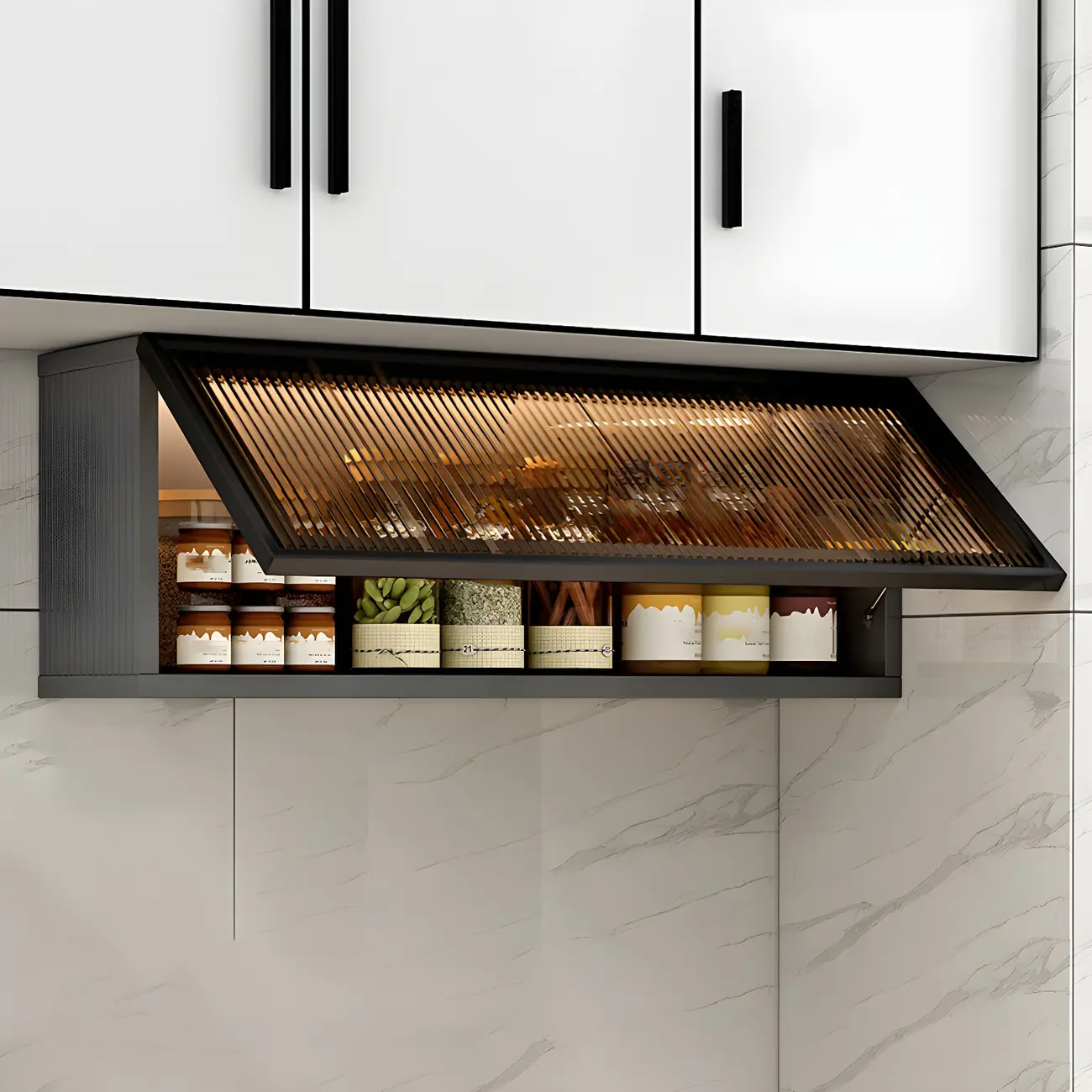 Grey Metal Floating Mounted Glass Kitchen China Cabinet