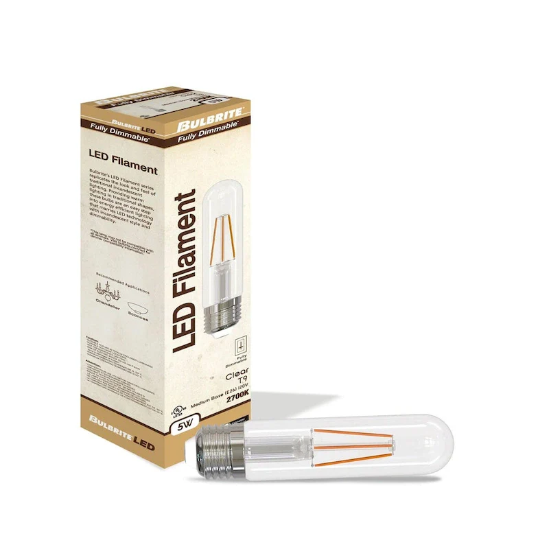 Bulbrite LED Filament Pack of (4) 5 Watt Dimmable 5 Inch T9 Light Bulbs with Clear Glass Finish and Medium (E26) Base
