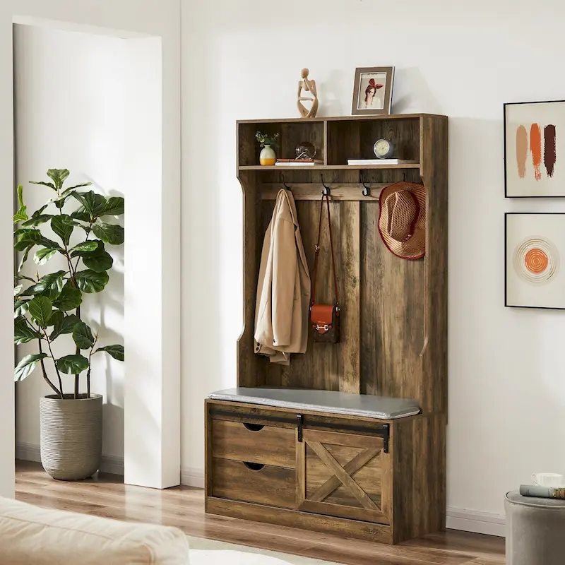 Hall Tree with Coat Rack, Bench, Drawers