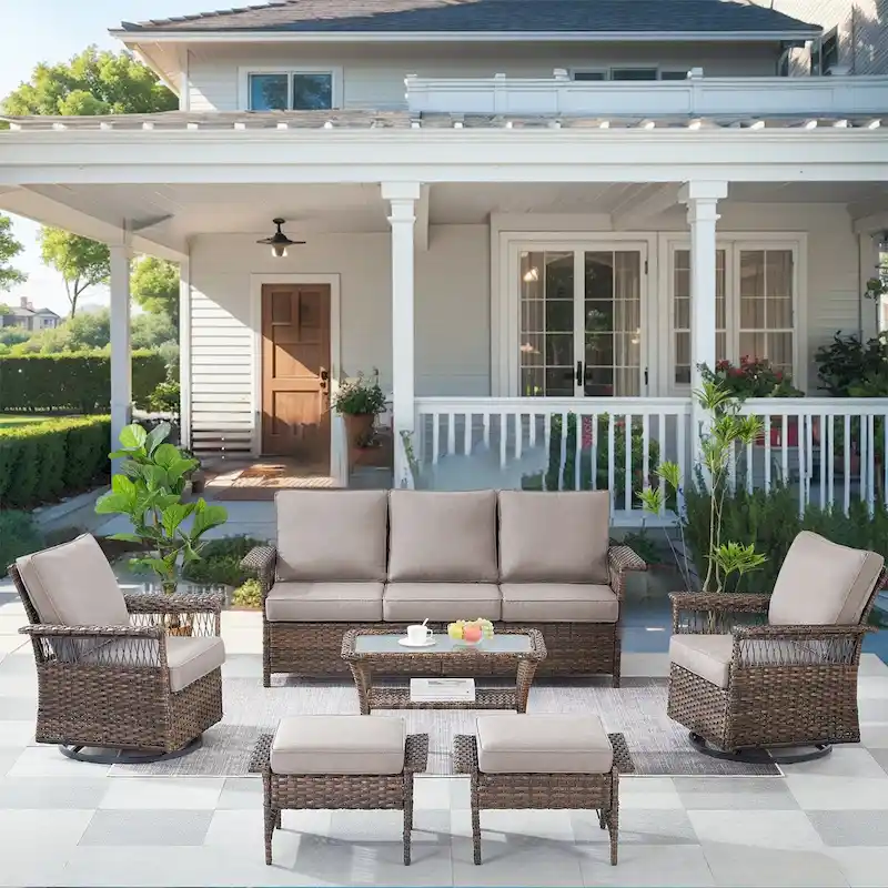 3-seat Sofa Patio Swivel Chair and Coffee Table, Ottoman - Brown