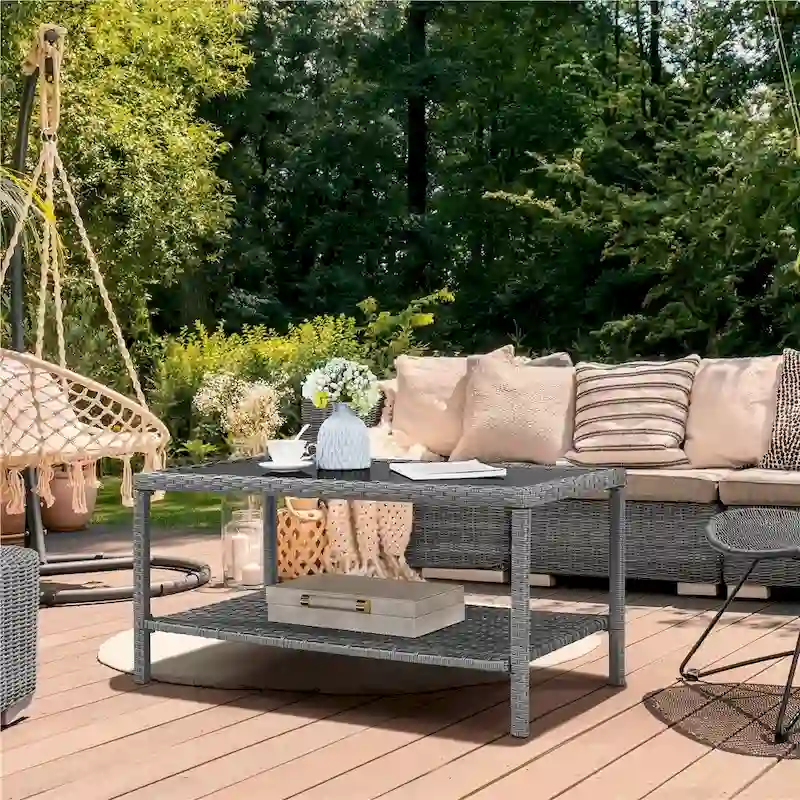 Yaheetech Wicker 2-Layer Patio Rattan Table with Tempered Glass Top