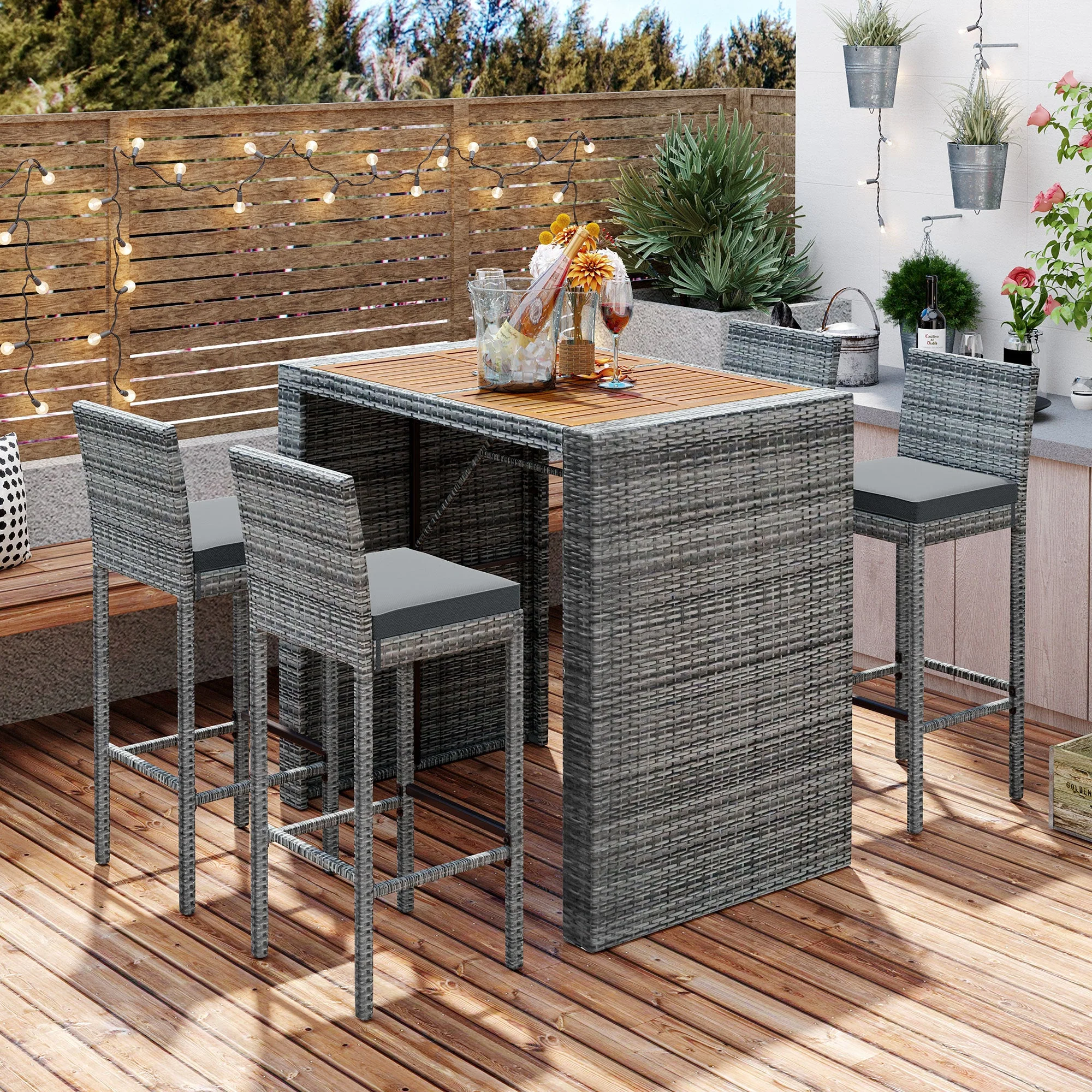 Walker Edison | 5-pieces Outdoor Patio Wicker Bar Set