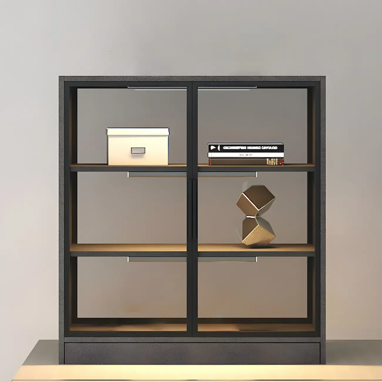 Square 2-Shelf Black Wooden Display Cabinet with Light