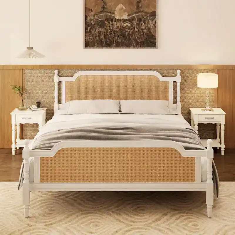Traditional Style Rattan Bed Frame, No Box Spring Needed