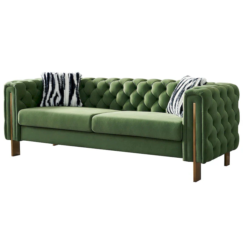 84.25 Luxurious Tufted Velvet Upholstered 3-Seater Sofa with Golden Metal Armrest Design and Buttoned Tufted Backrest