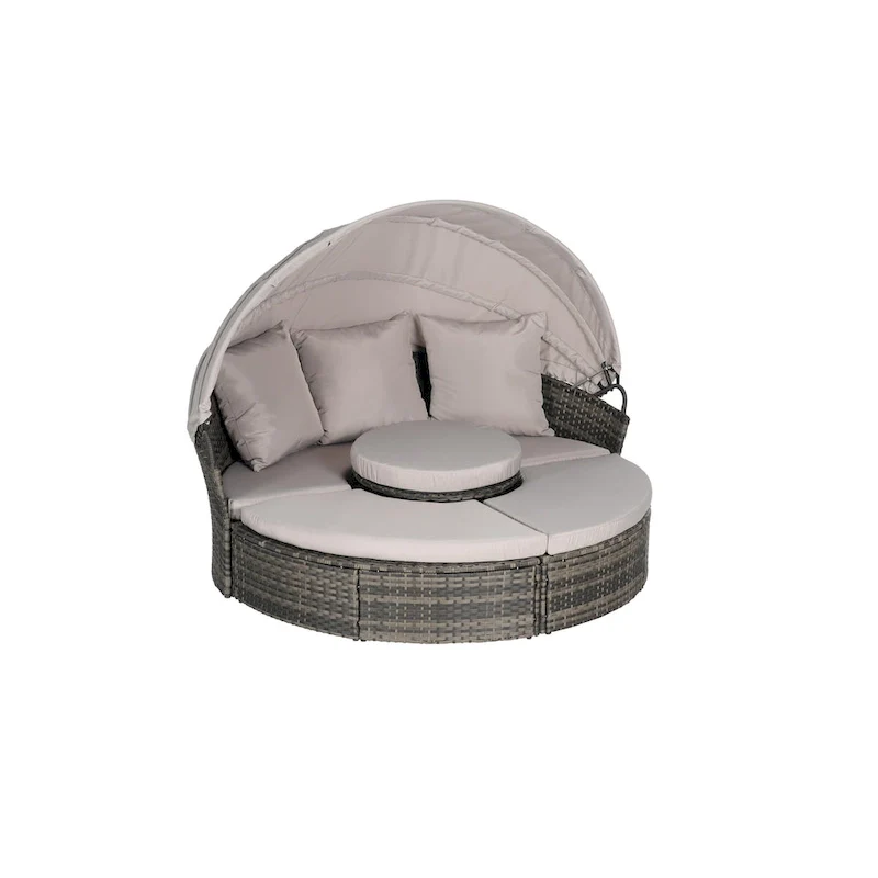 5-Piece Round Daybed Sunbed with Canopy & Removable Cushions