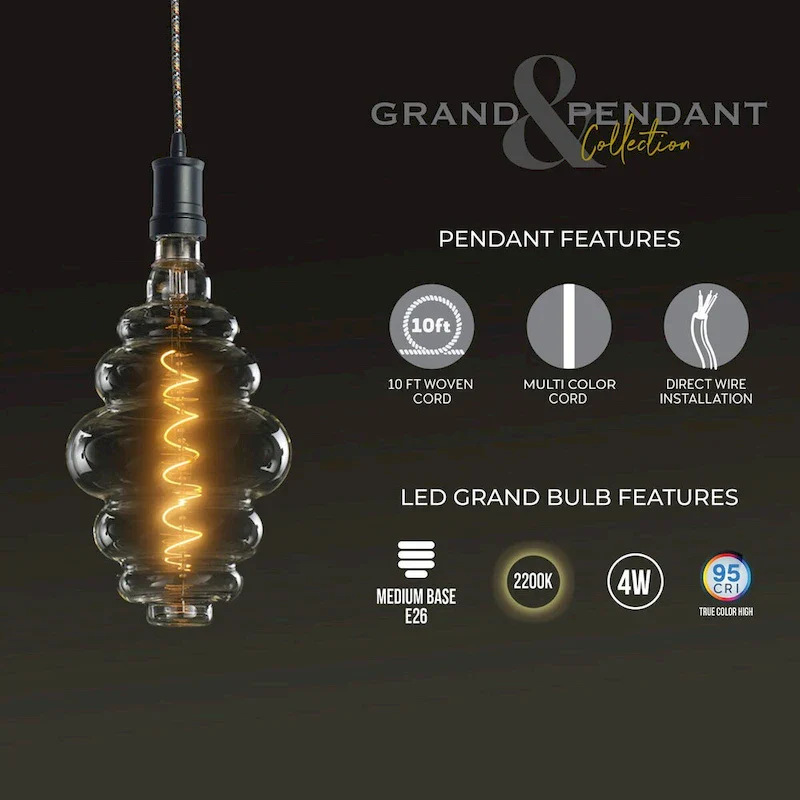 Bulbrite LED Grand Bulb and Pendant Kit of (1) 4 Watt Clear Glass 15  Beehive Shaped Bulb
