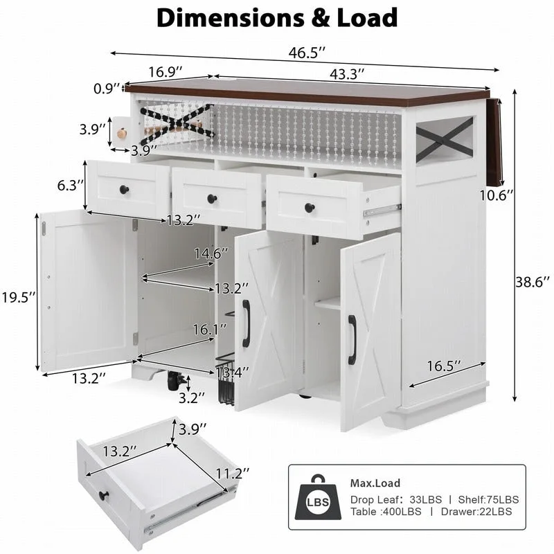 Farmhouse 46.5 Kitchen Island with Power Outlet, Rolling Kitchen Cart on Wheels with Drop Leaf