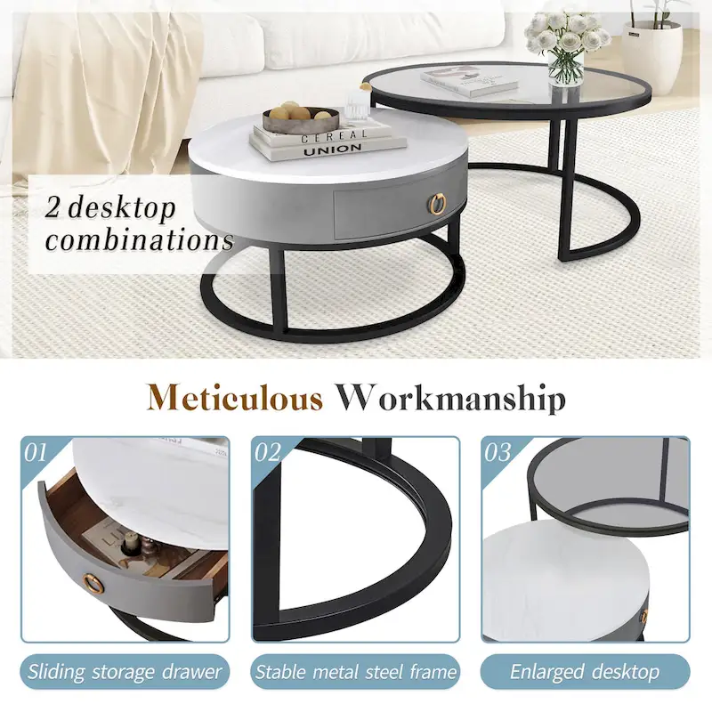 Modern Glass Waterproof Round Nesting Coffee Table with Drawer