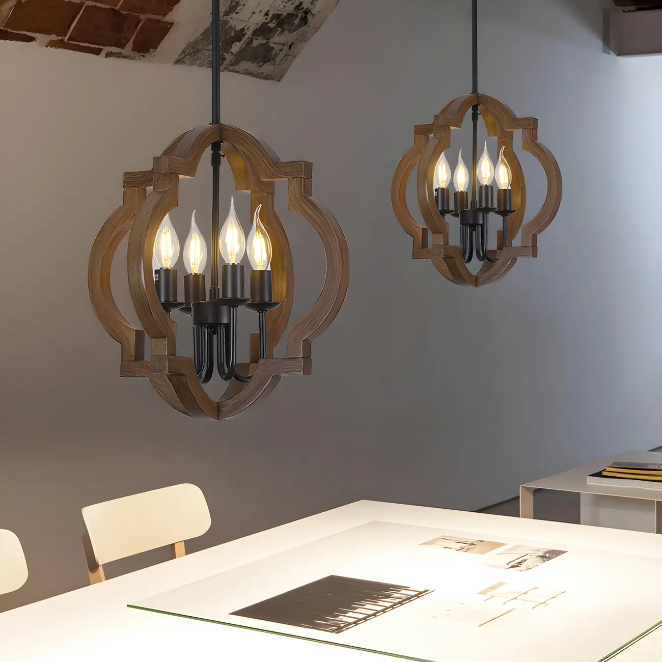 Industrial Adjustable Brown Wood Caged Candelabra Chandelier