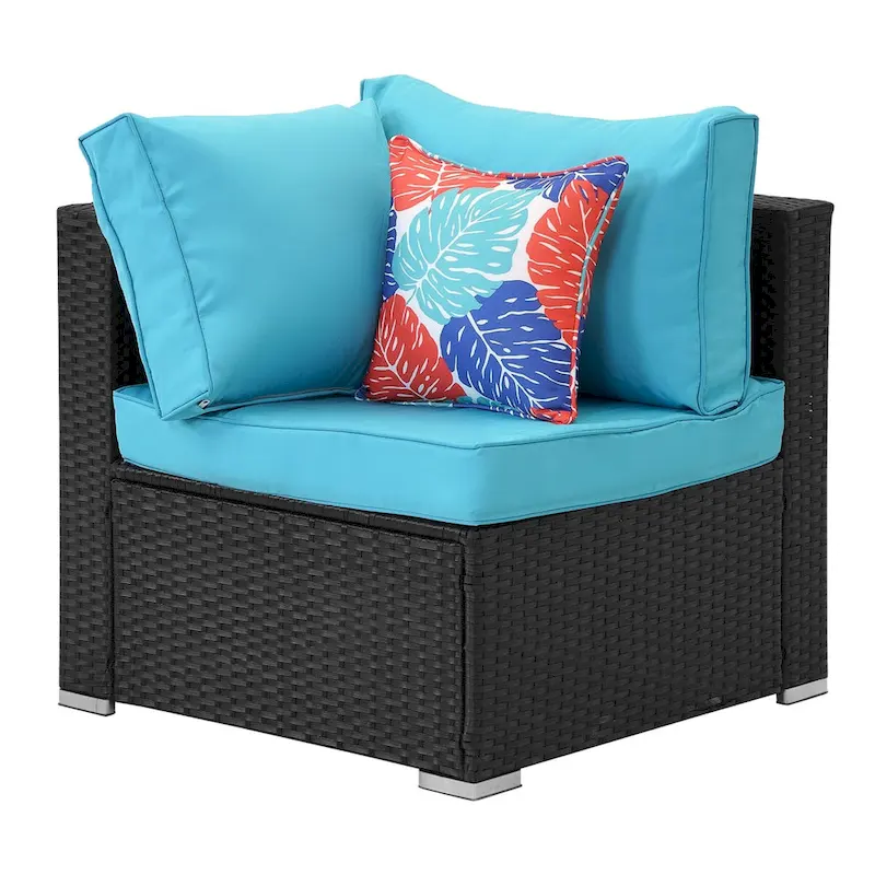 7-Piece Wicker Patio Sectional Conversation Seating Set with Blue Cushions - 85*78