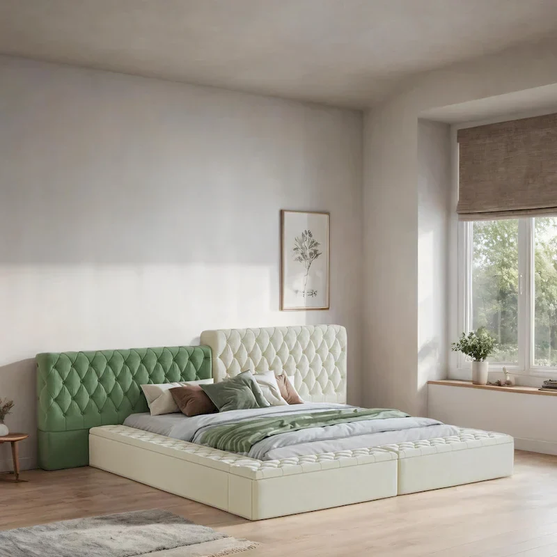 King Size Upholstered Bed with Storage Compartments and Footboard
