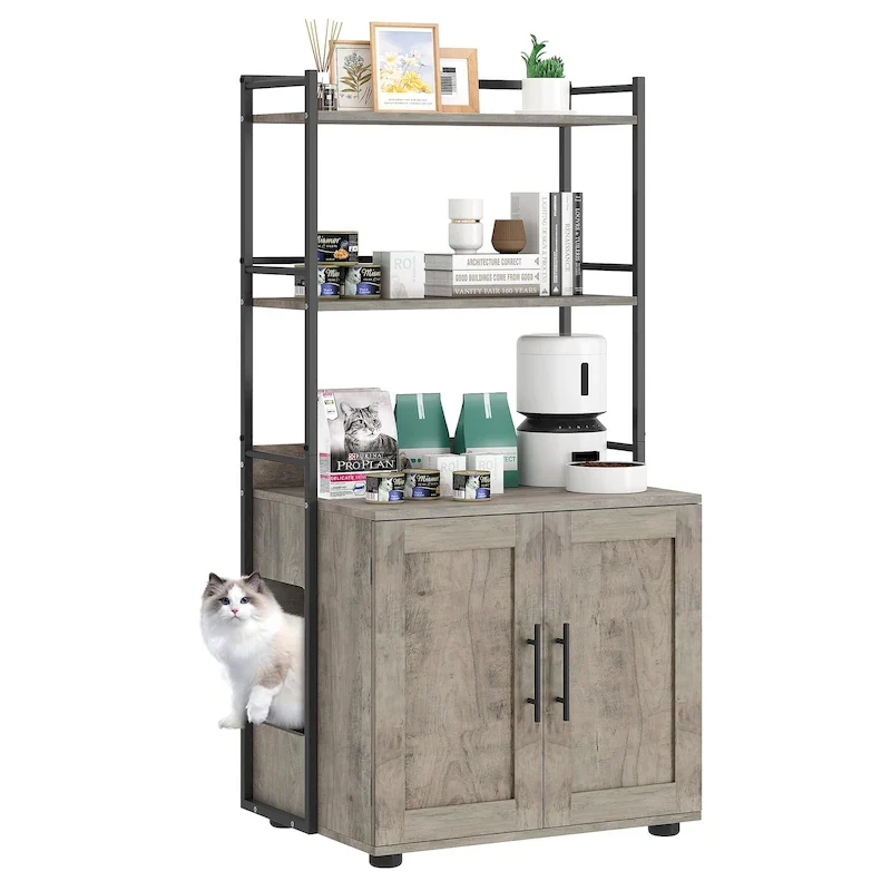 2-in-1 Cat Litter Box Enclosure with with 3 Shelves and Door