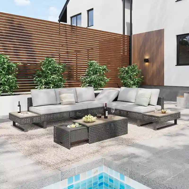 Outdoor 6-Piece Rattan Sectional Sofa Set with Adjustable Seat & Ice Bucket Table