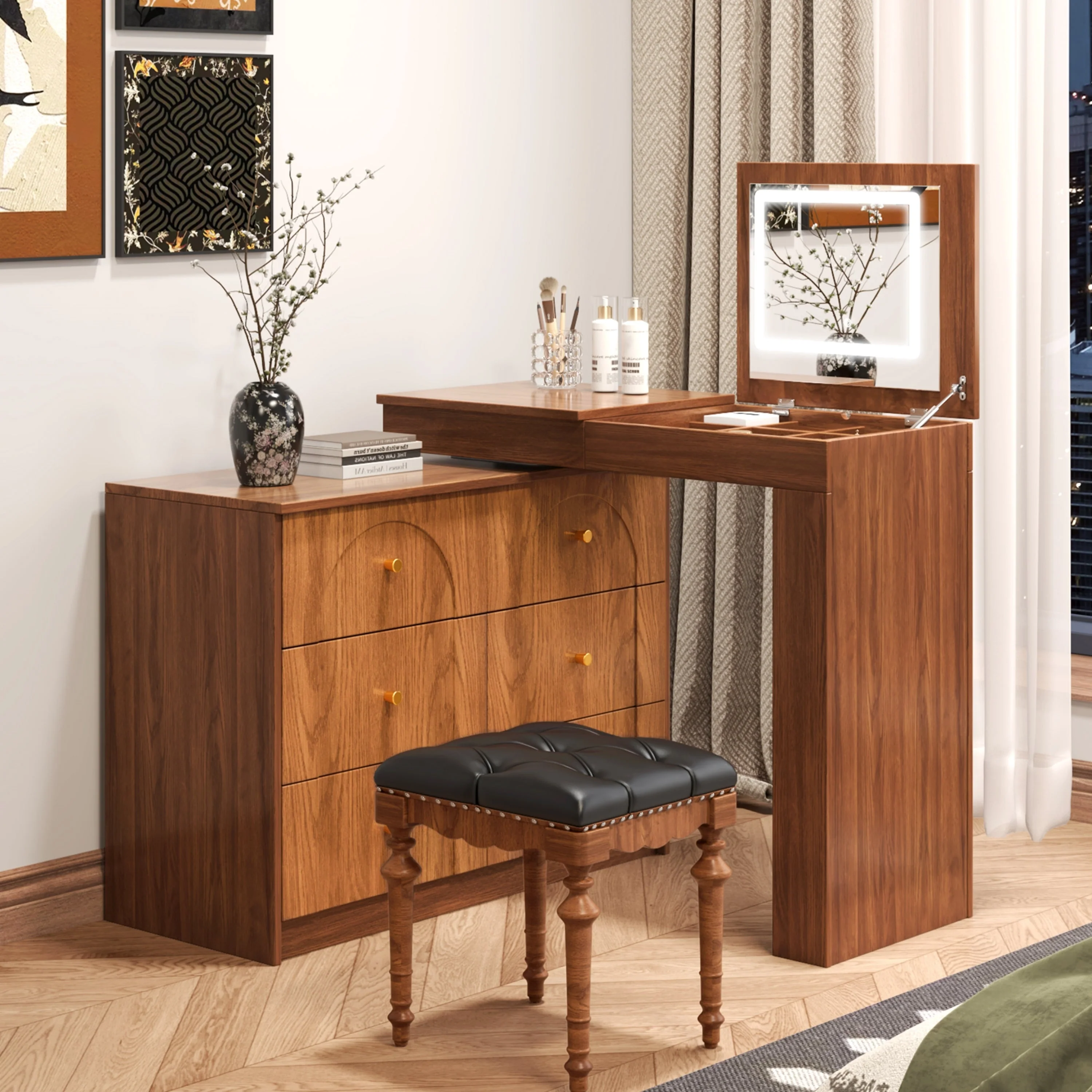Walker Edison | Multi-Functional Vanity Desk/Dresser Set with Flip-Top Mirror and Lights