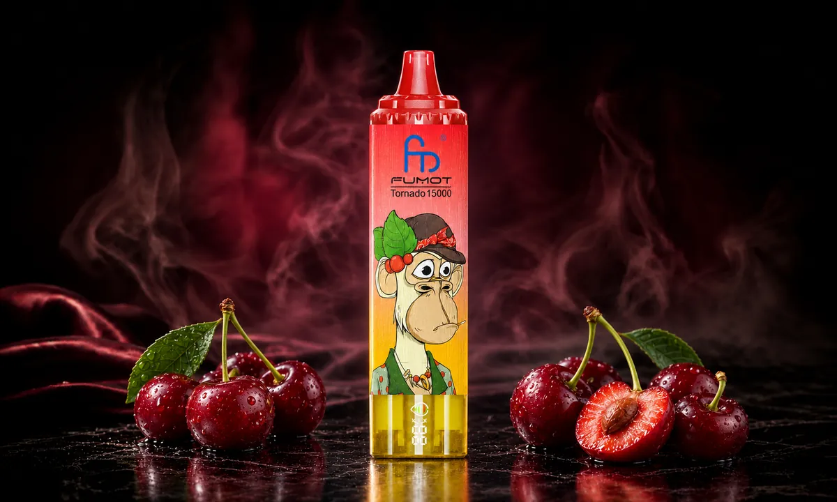 FUMOT Tornado 15000 Fizzy Cherry – E-Zigarette in einer atmosphärischen Produktszene