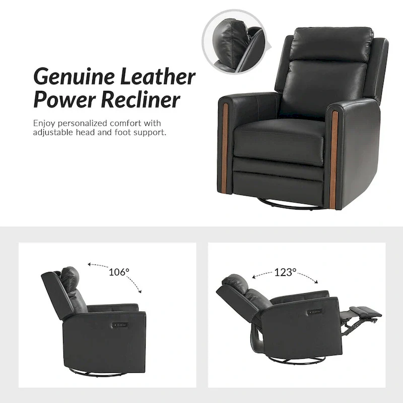 Jaime Modern Genuine Leather Rocking Swivel Power Recliner with Adjustable Headrest and Footrest by HULALA HOME