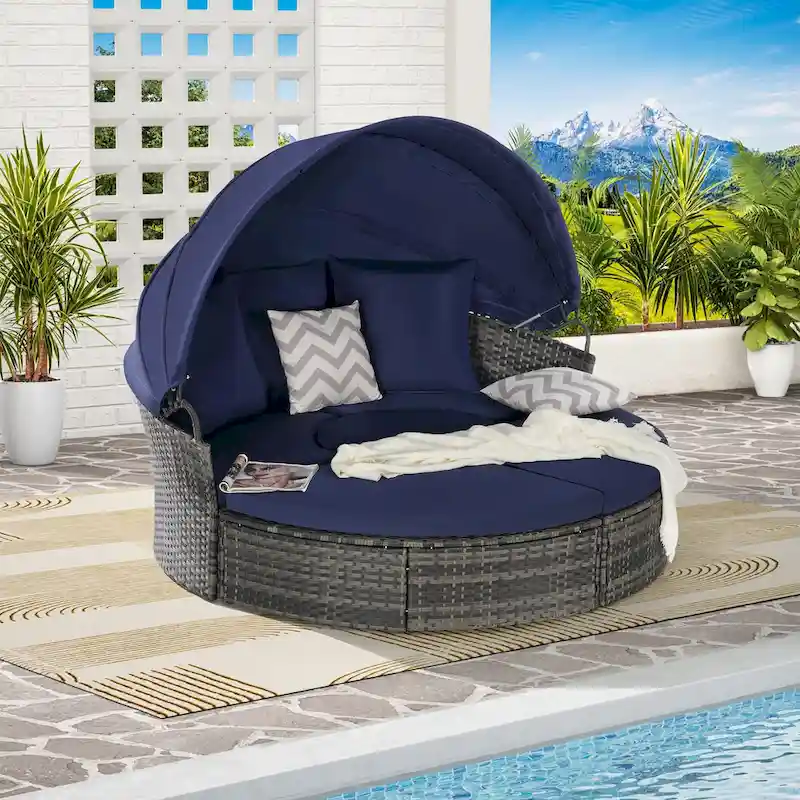 5-Piece Round Daybed Sunbed with Canopy & Removable Cushions