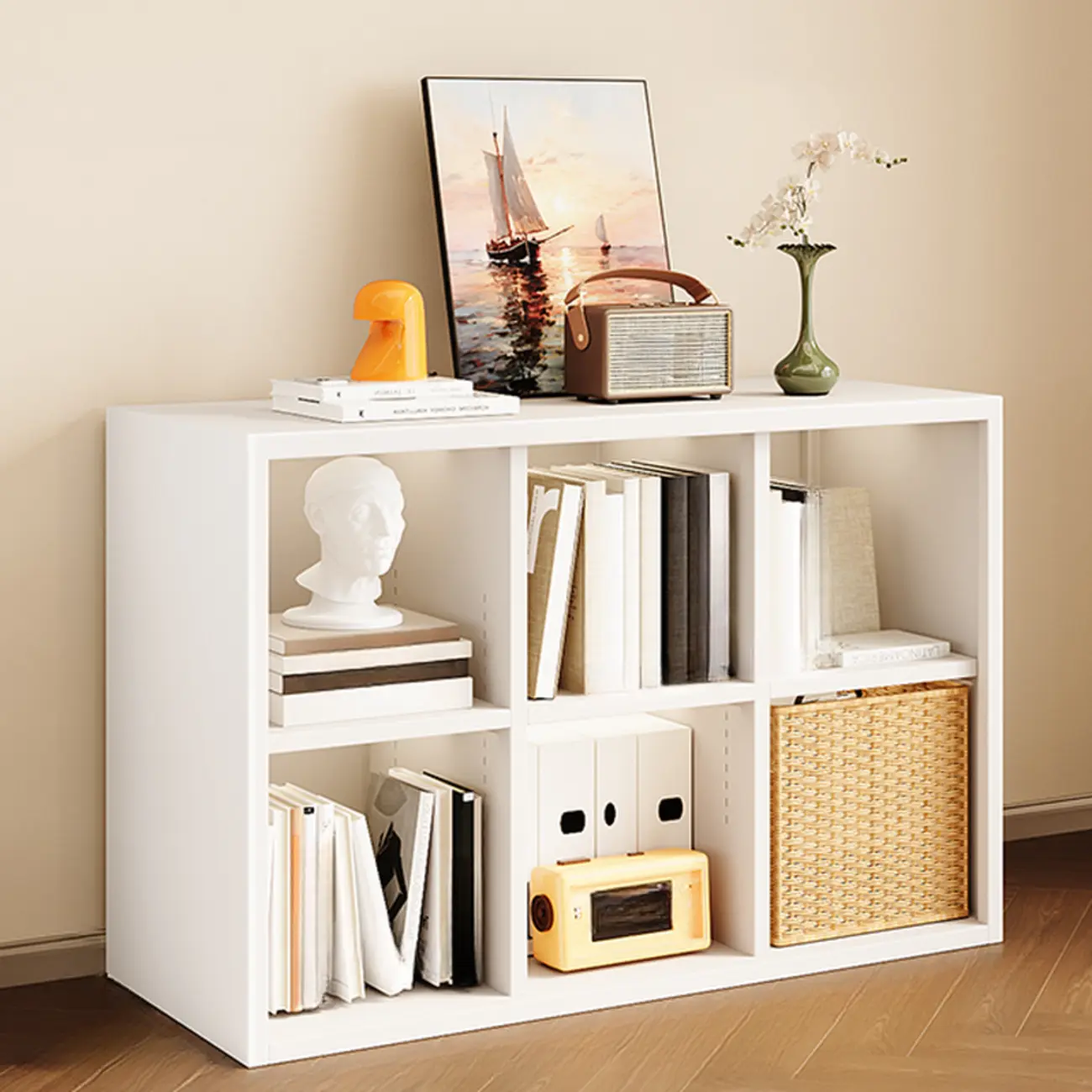 Modern Steel Cube Bookcase with Fabric Bins