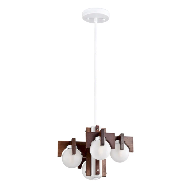 12  Tripner White Finish and Stained Wood Pendant Ceiling Lamp with Opaque Globes