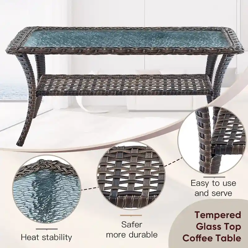 Patio Sofa with 2 Swivel Chair Coffee Table - Brown