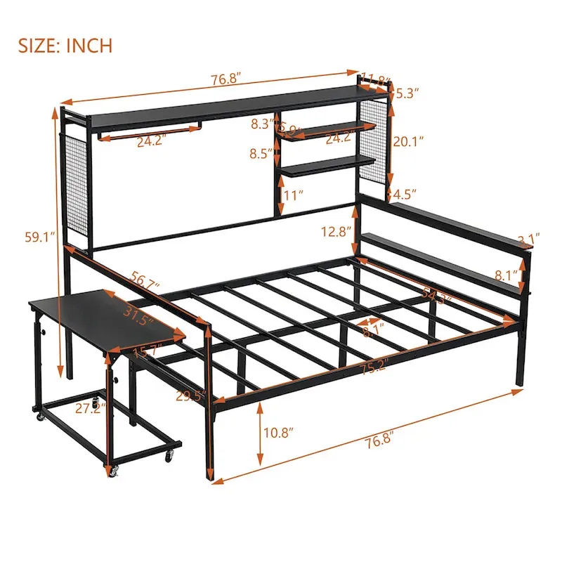 Versatile Daybed with Movable Desk, Metal Sofa Bed Frame with Metal Grid, Shelves and Clothes Hanger, No Box Spring Needed